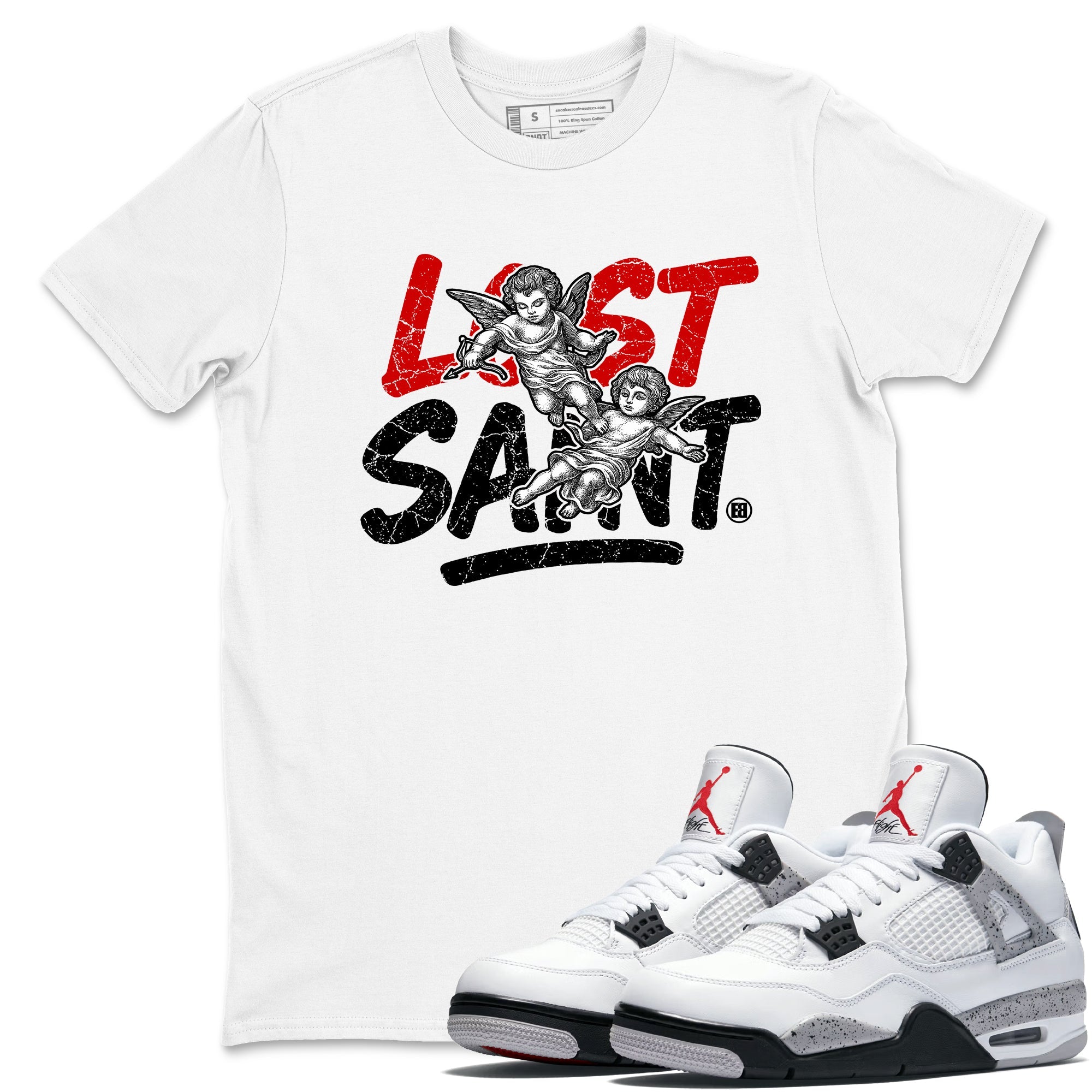 Lost Saint sneaker match t-shirt styled to complete your fit with the Air Jordan 4 White Cement sneakers, shown in White 1.