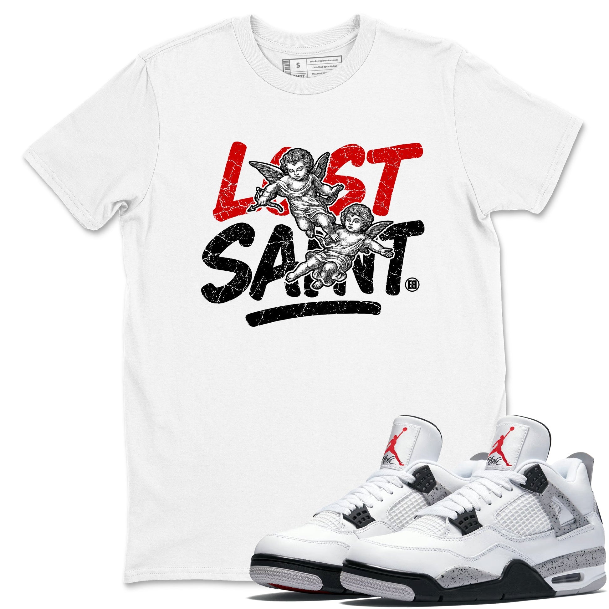 Lost Saint sneaker match t-shirt styled to complete your fit with the Air Jordan 4 White Cement sneakers, shown in White 1.