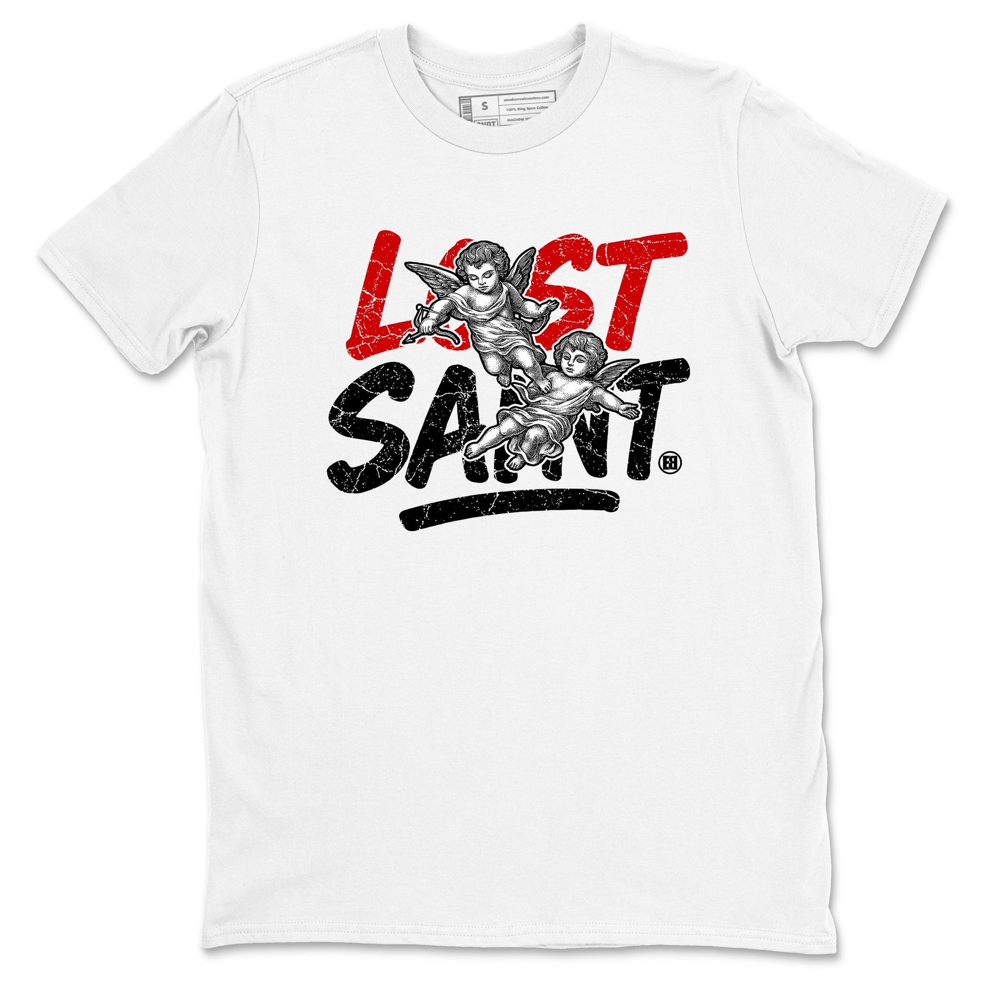 Lost Saint sneaker match t-shirt styled to complete your fit with the Air Jordan 4 White Cement sneakers, shown in White 2.