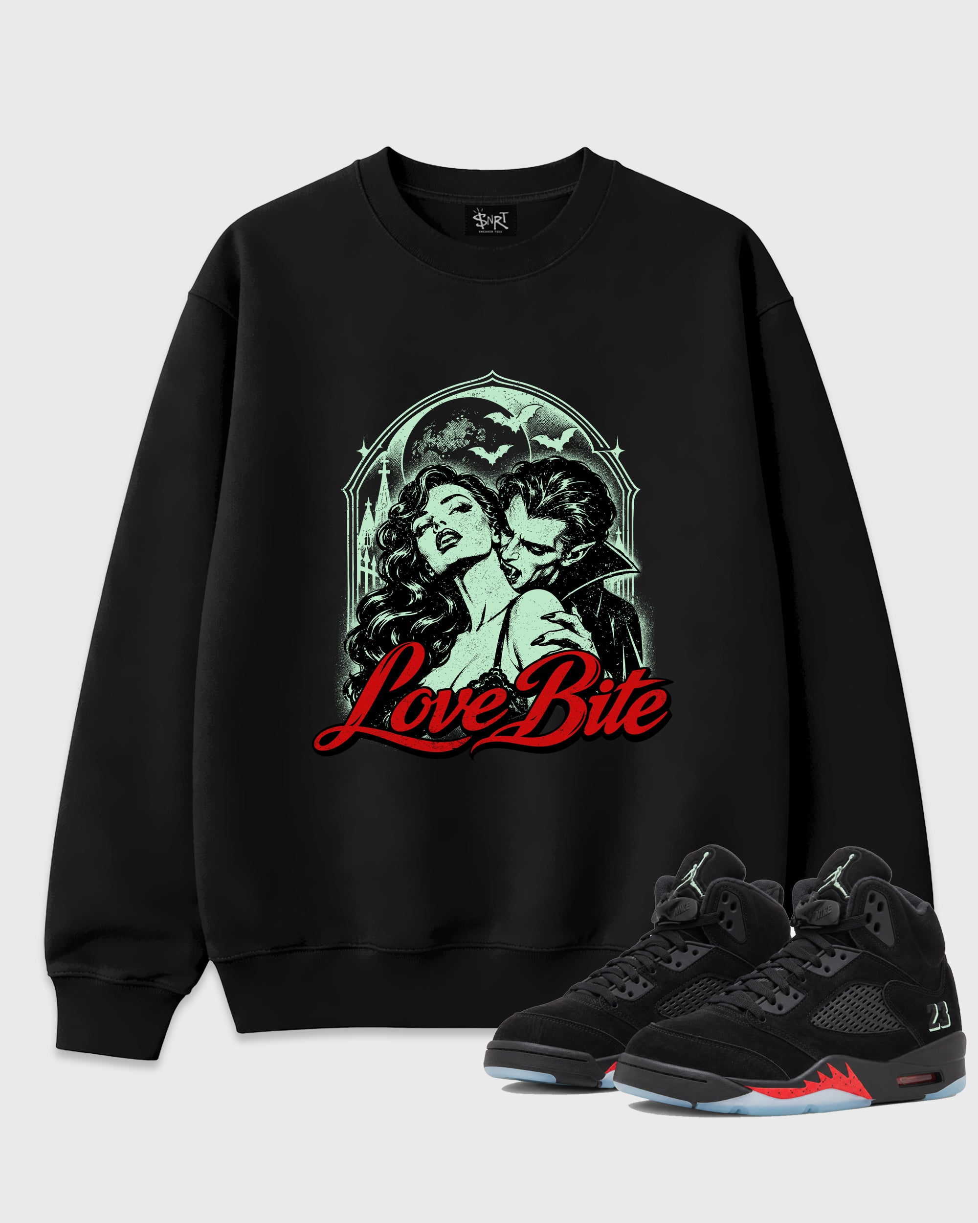 Love Bite Graphic T-Shirt featuring original streetwear artwork designed to match the Air Jordan 5 Halloween. Black 1 Graphic Tee.