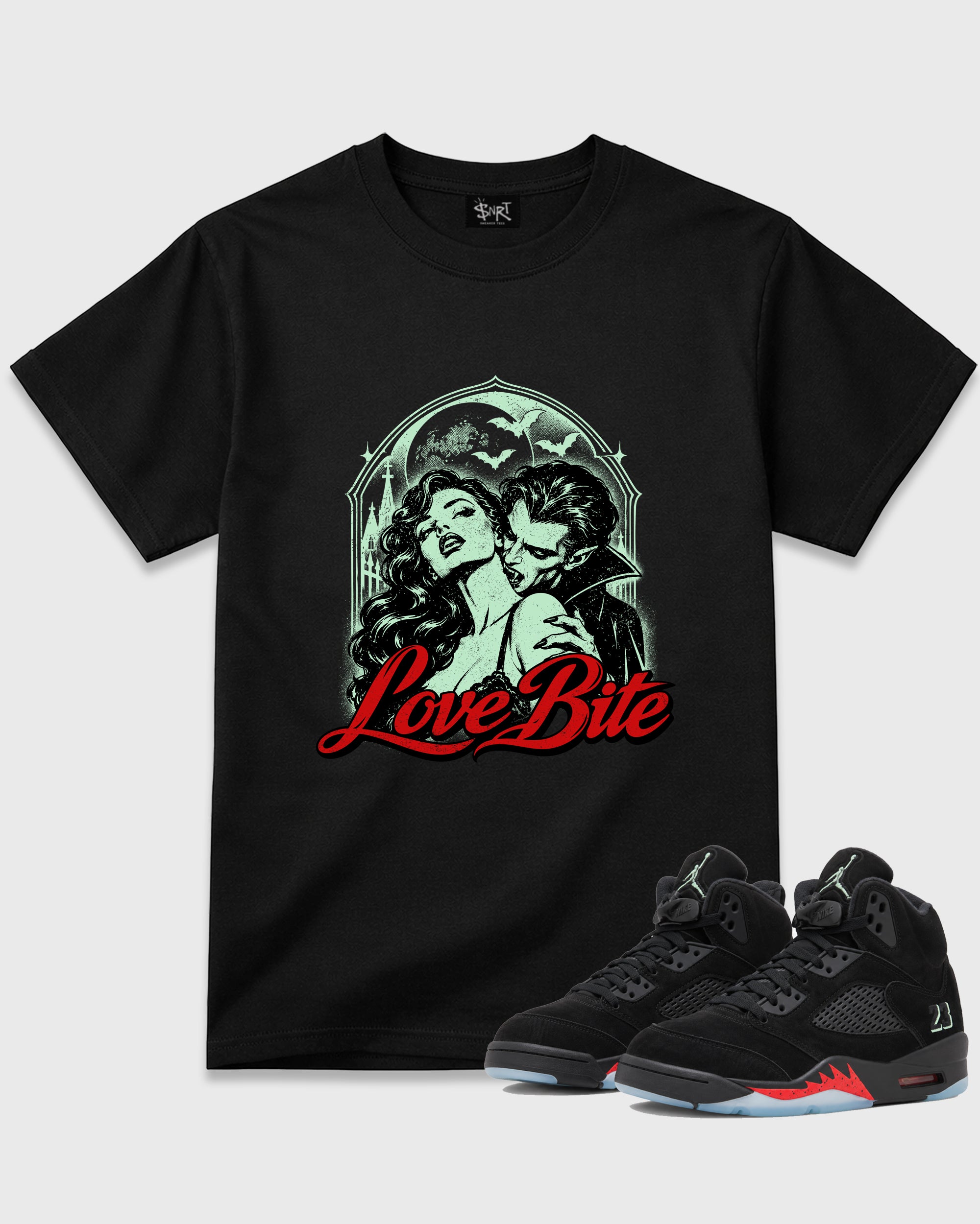 Love Bite Graphic T-Shirt featuring original streetwear artwork designed to match the Air Jordan 5 Halloween. Black 1 Graphic T-Shirt.