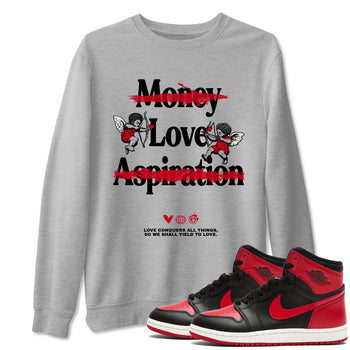1s '85 Bred shirts to match jordans Love Conquers All Things best t shirts to wear with jordans Air Jordan 1 Retro HIgh OG '85 Bred match shoes to clothes SNRT Sneaker Tees unisex cotton Heather Grey 1 shirts