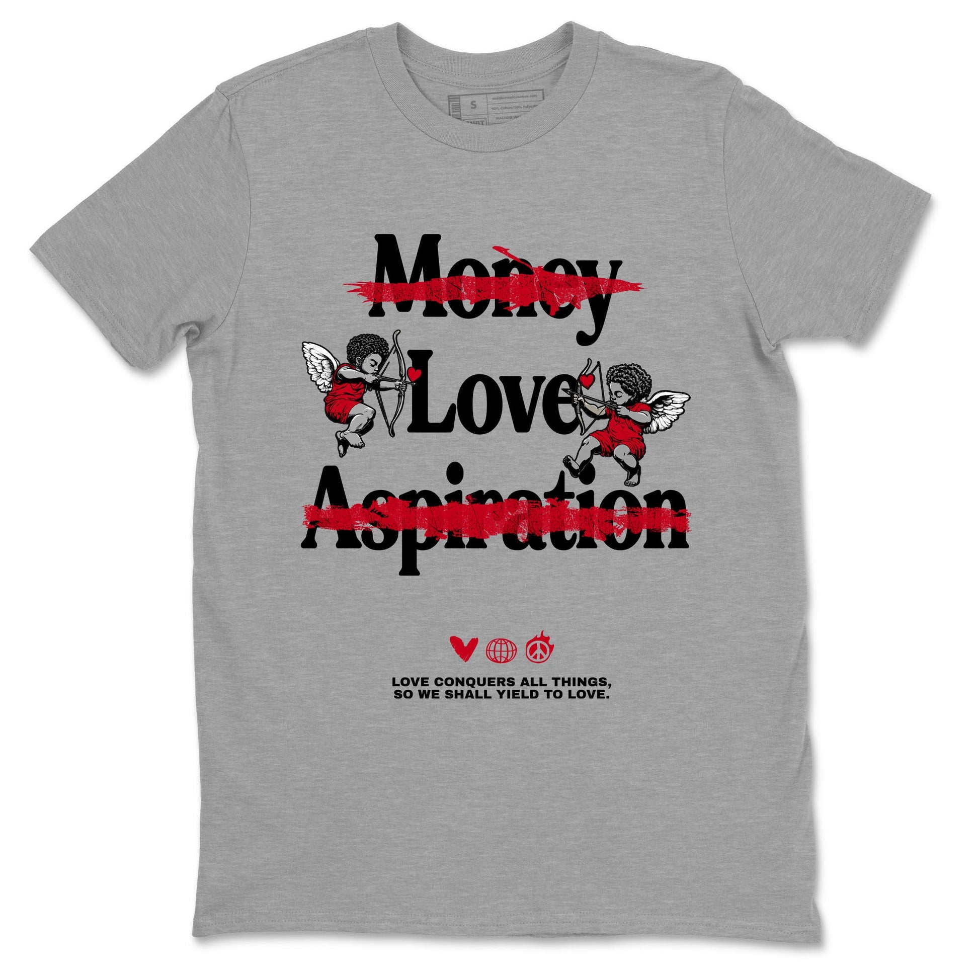 1s '85 Bred shirts to match jordans Love Conquers All Things best t shirts to wear with jordans Air Jordan 1 Retro HIgh OG '85 Bred match shoes to clothes SNRT Sneaker Tees unisex cotton Heather Grey 2 shirts