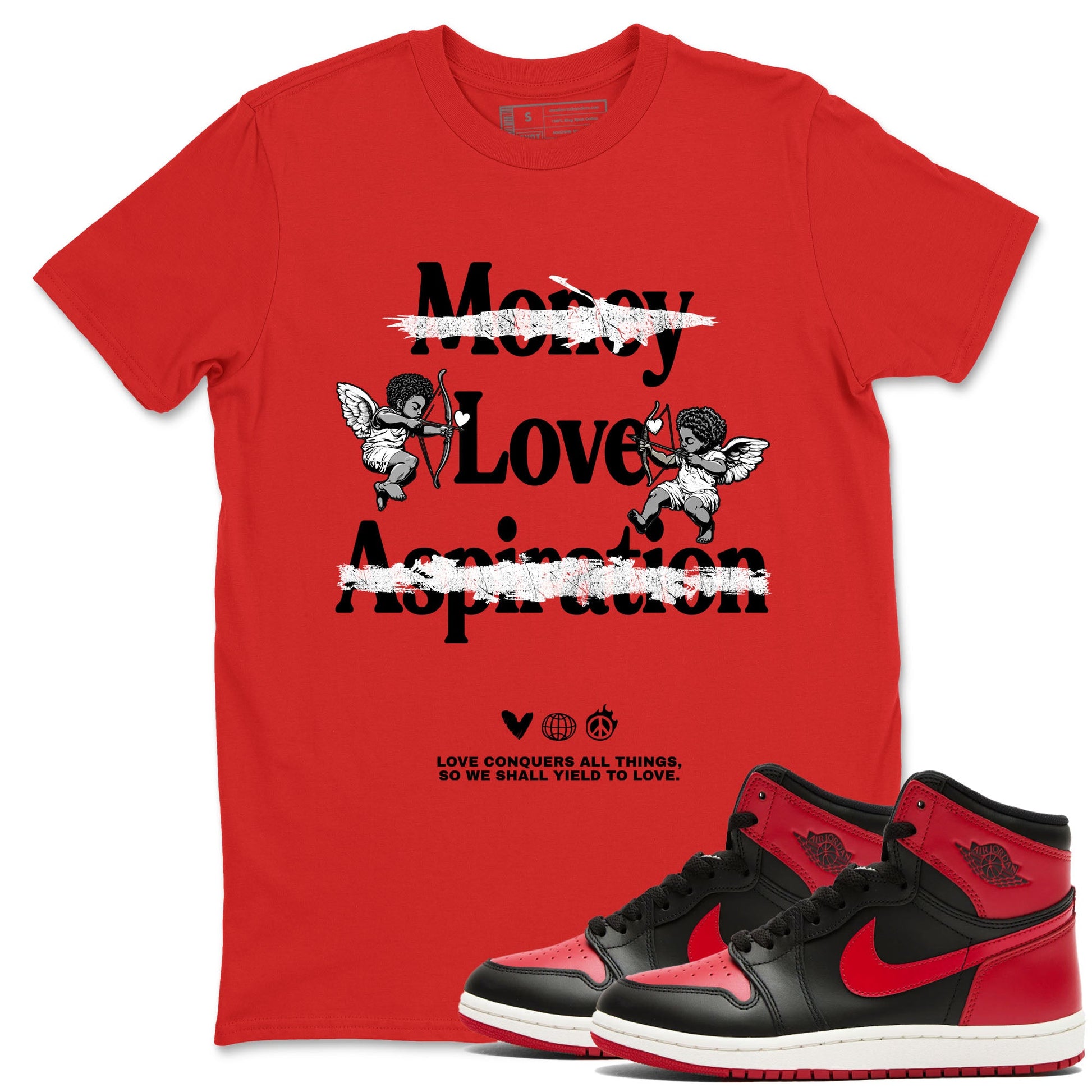 1s '85 Bred shirts to match jordans Love Conquers All Things best t shirts to wear with jordans Air Jordan 1 Retro HIgh OG '85 Bred match shoes to clothes SNRT Sneaker Tees unisex cotton Red 1 shirts
