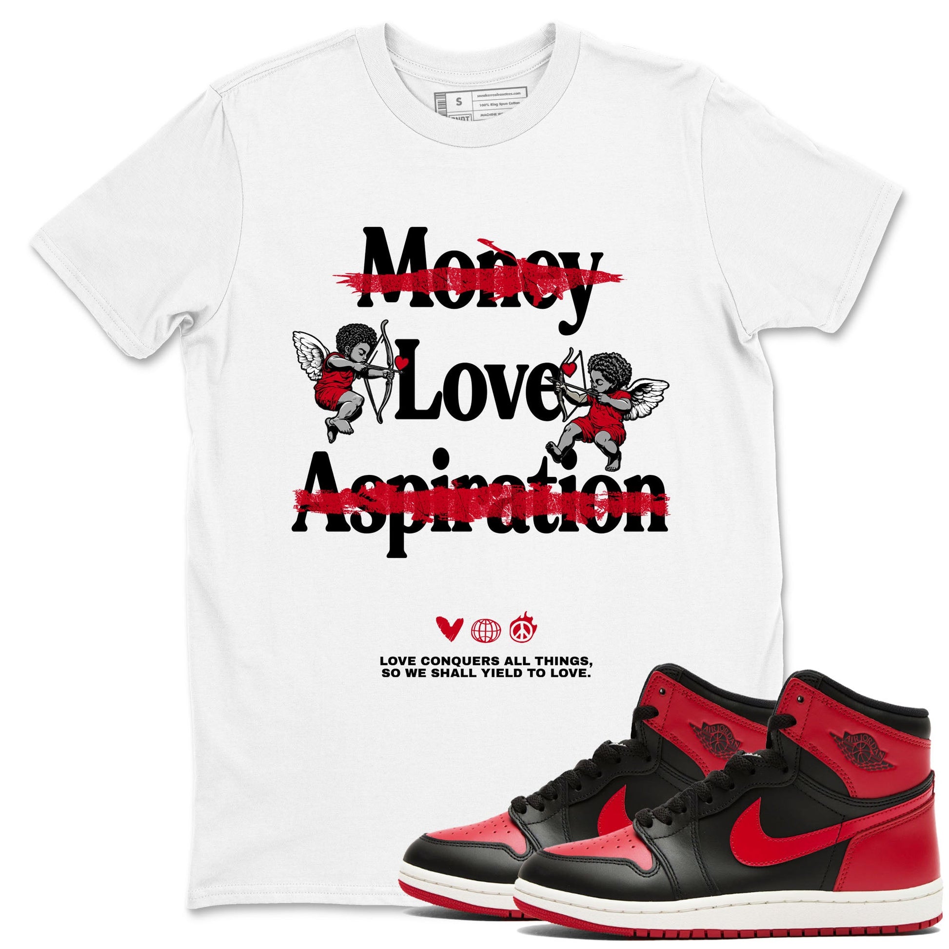 1s '85 Bred shirts to match jordans Love Conquers All Things best t shirts to wear with jordans Air Jordan 1 Retro HIgh OG '85 Bred match shoes to clothes SNRT Sneaker Tees unisex cotton White 1 shirts