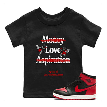 Air Jordan 1 High OG Black Toe shirts to match jordans Love Conquers All Things best t shirts to wear with jordans Air Jordan 1 Black Toe Reimgained match shoes to clothes SNRT Sneaker Tees Youth Baby Black 1 tee