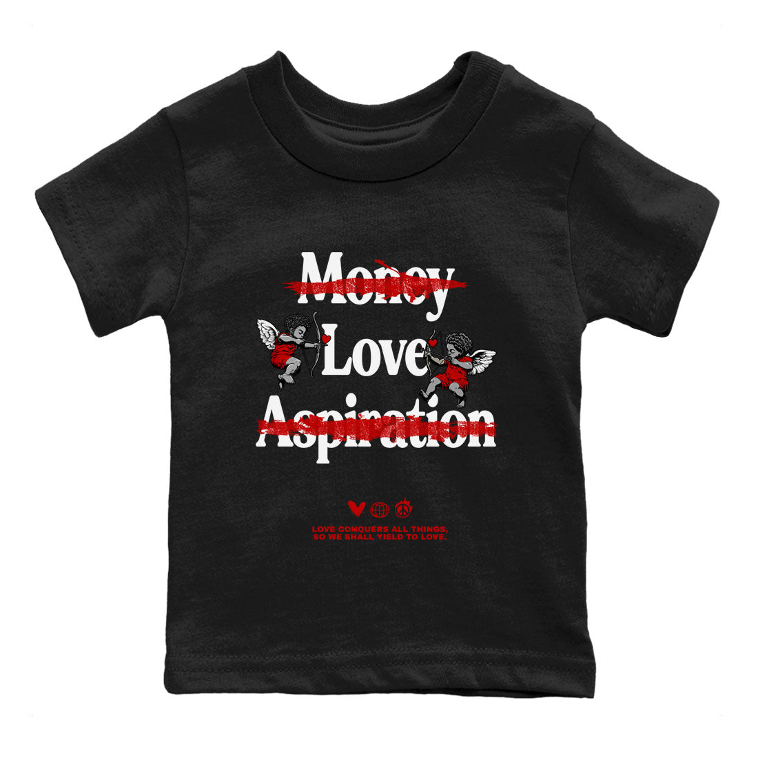 Air Jordan 1 High OG Black Toe shirts to match jordans Love Conquers All Things best t shirts to wear with jordans Air Jordan 1 Black Toe Reimgained match shoes to clothes SNRT Sneaker Tees Youth Baby Black 2 tee