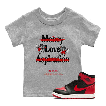 Air Jordan 1 High OG Black Toe shirts to match jordans Love Conquers All Things best t shirts to wear with jordans Air Jordan 1 Black Toe Reimgained match shoes to clothes SNRT Sneaker Tees Youth Baby Heather Grey 1 tee