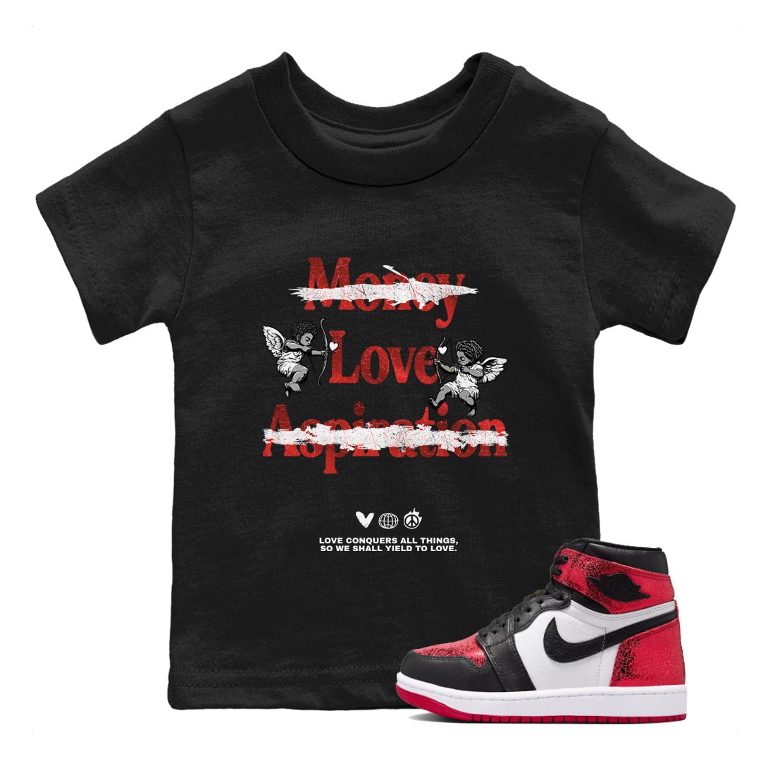 Love Conquers All Things baby and kids t-shirt crafted for little sneakerheads to shine with the Air Jordan 1 Ruby sneakers, displayed in Black 1.