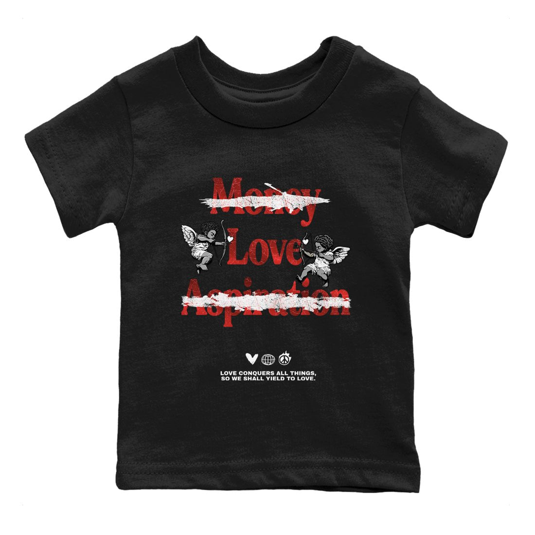 Love Conquers All Things baby and kids t-shirt crafted for little sneakerheads to shine with the Air Jordan 1 Ruby sneakers, displayed in Black 2.