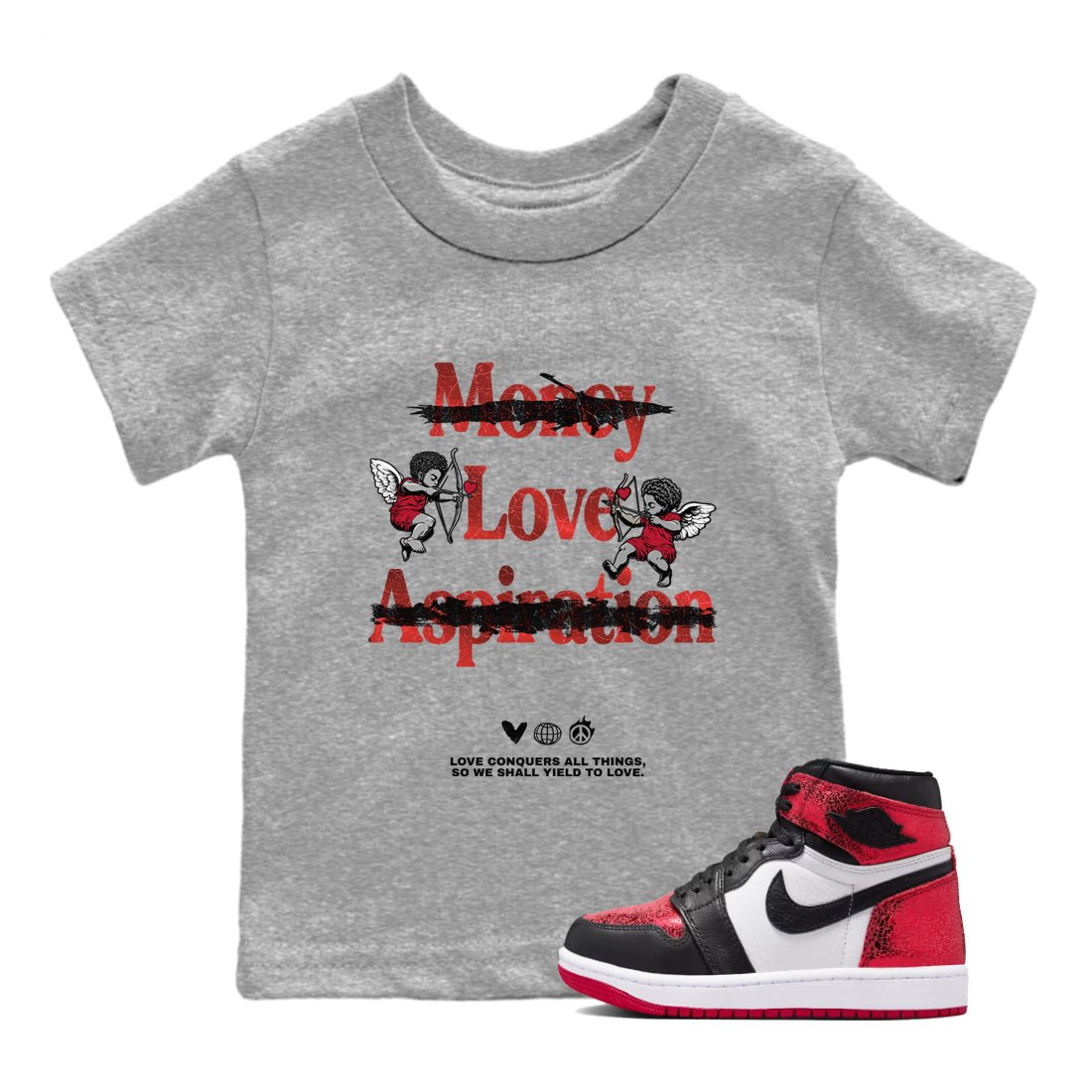 Love Conquers All Things baby and kids t-shirt crafted for little sneakerheads to shine with the Air Jordan 1 Ruby sneakers, displayed in Heather Grey 1.