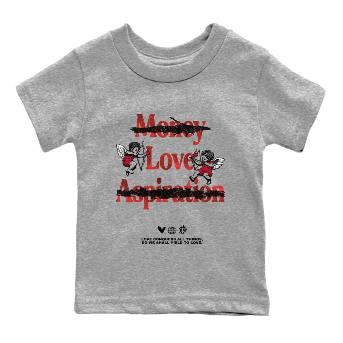 Love Conquers All Things baby and kids t-shirt crafted for little sneakerheads to shine with the Air Jordan 1 Ruby sneakers, displayed in Heather Grey 2.