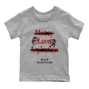 Love Conquers All Things baby and kids t-shirt crafted for little sneakerheads to shine with the Air Jordan 1 Ruby sneakers, displayed in Heather Grey 2.