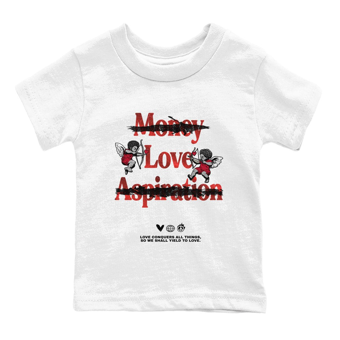 Love Conquers All Things baby and kids t-shirt crafted for little sneakerheads to shine with the Air Jordan 1 Ruby sneakers, displayed in White 2.