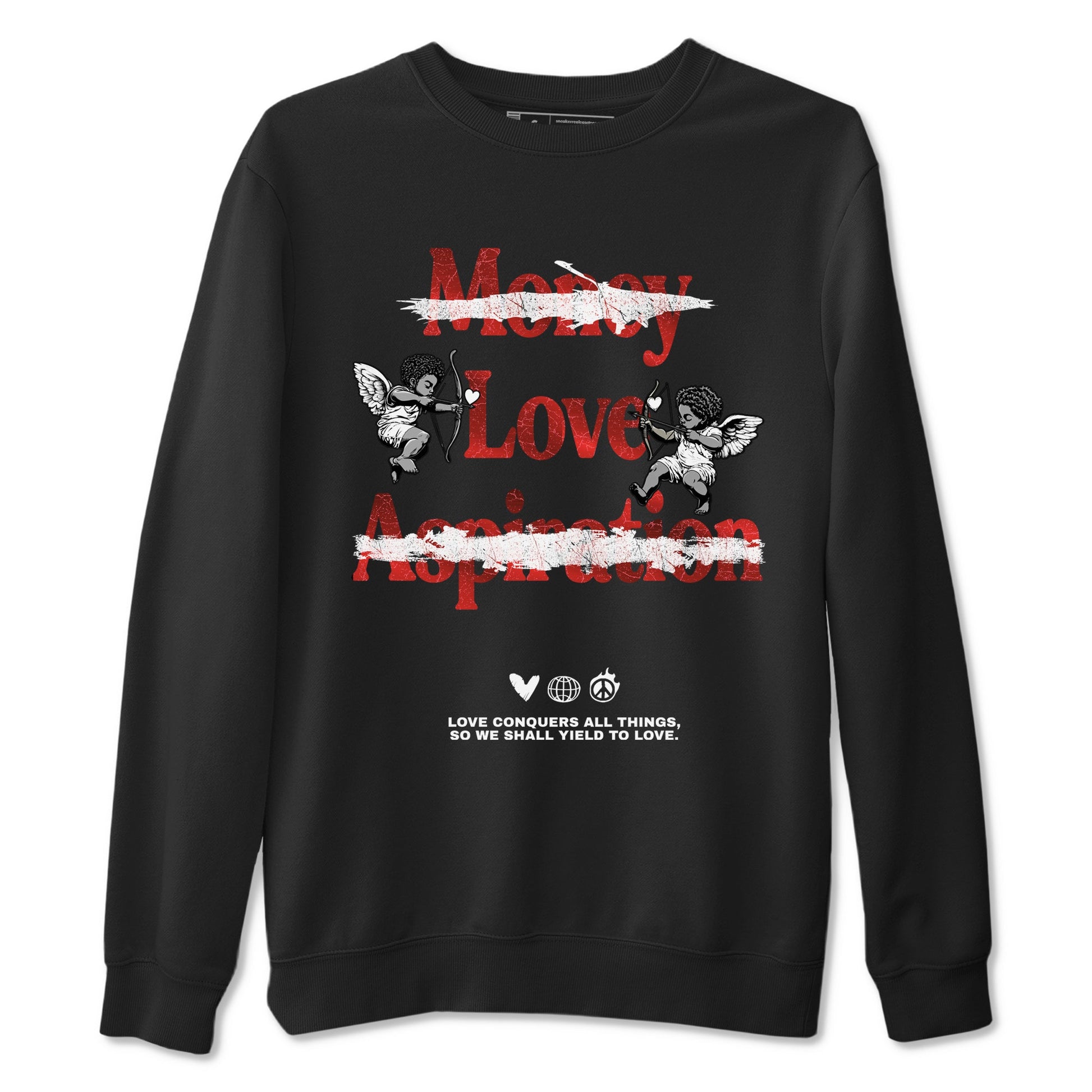 Love Conquers All Things sneaker match t-shirt styled to complete your fit with the Air Jordan 1 Ruby sneakers, shown in Black 2.