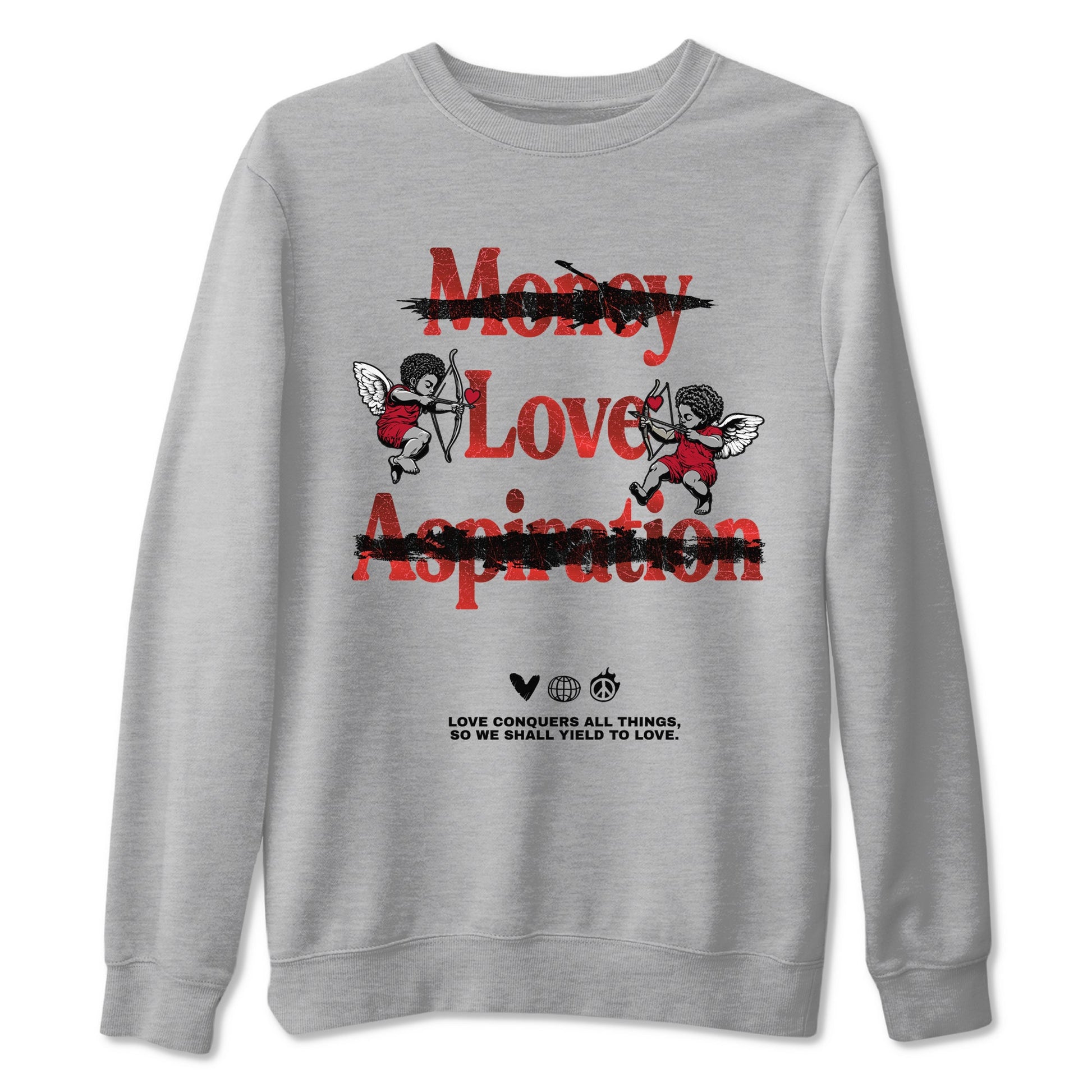 Love Conquers All Things sneaker match t-shirt styled to complete your fit with the Air Jordan 1 Ruby sneakers, shown in Heather Grey 2.