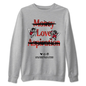 Love Conquers All Things sneaker match t-shirt styled to complete your fit with the Air Jordan 1 Ruby sneakers, shown in Heather Grey 2.