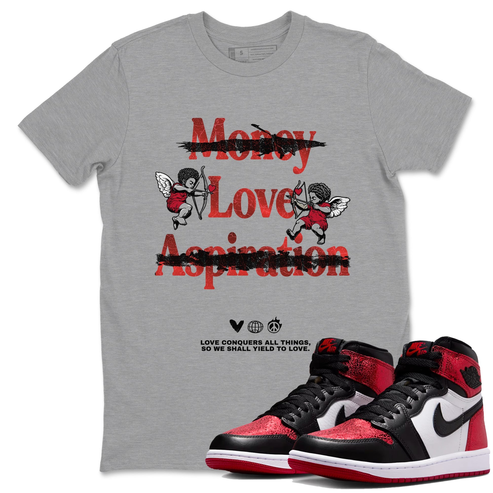 Love Conquers All Things sneaker match t-shirt styled to complete your fit with the Air Jordan 1 Ruby sneakers, shown in Heather Grey 1.