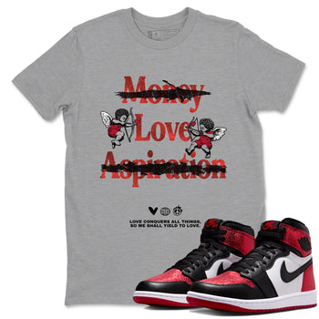 Love Conquers All Things sneaker match t-shirt styled to complete your fit with the Air Jordan 1 Ruby sneakers, shown in Heather Grey 1.