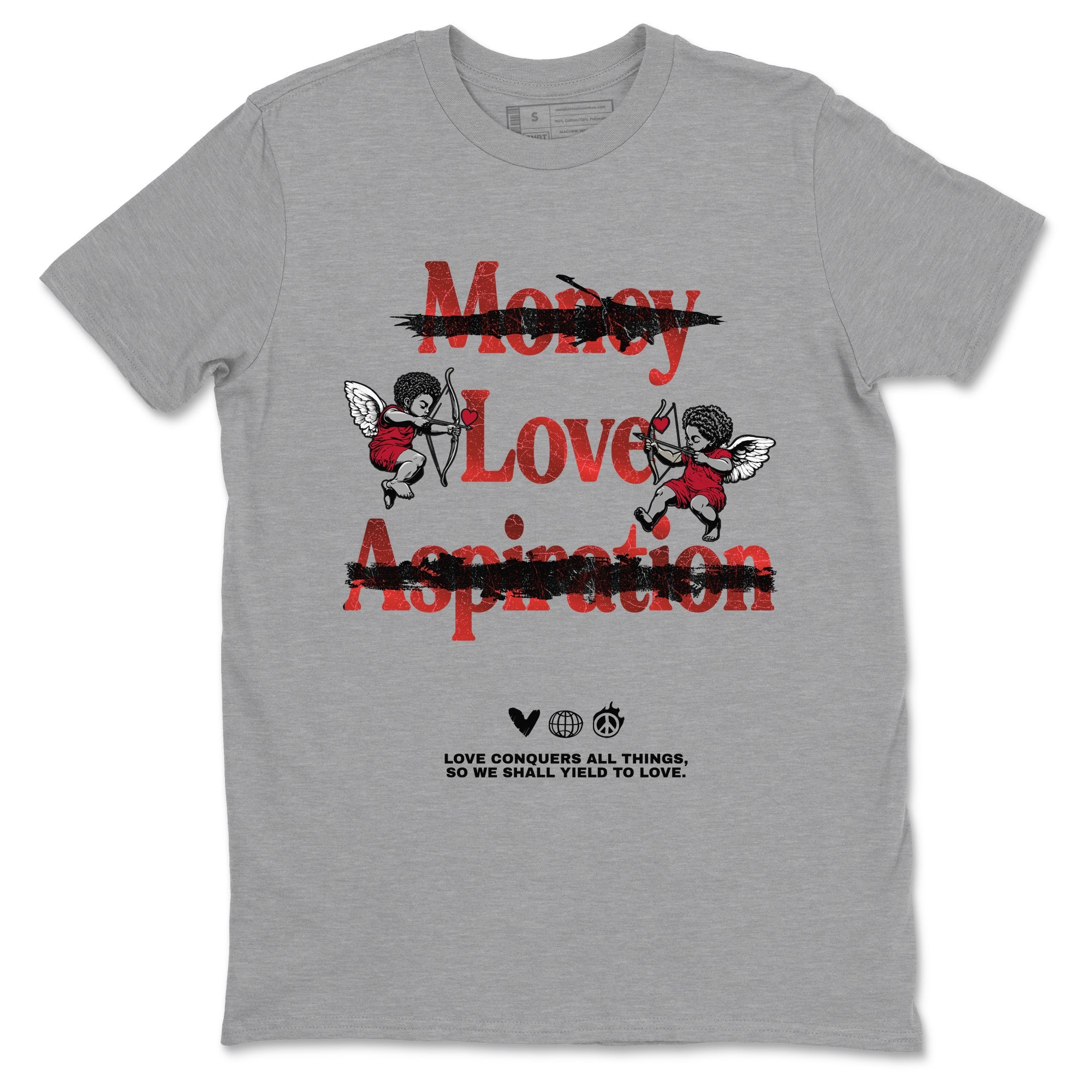 Love Conquers All Things sneaker match t-shirt styled to complete your fit with the Air Jordan 1 Ruby sneakers, shown in Heather Grey 2.