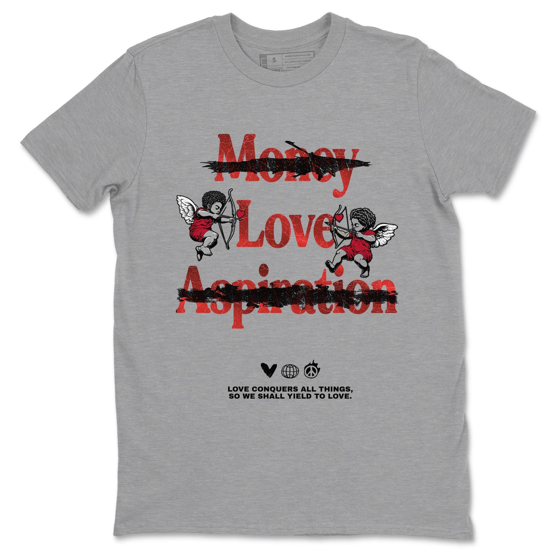 Love Conquers All Things sneaker match t-shirt styled to complete your fit with the Air Jordan 1 Ruby sneakers, shown in Heather Grey 2.