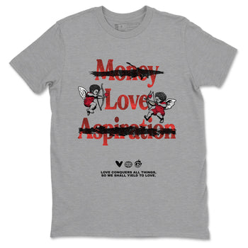 Love Conquers All Things sneaker match t-shirt styled to complete your fit with the Air Jordan 1 Ruby sneakers, shown in Heather Grey 2.