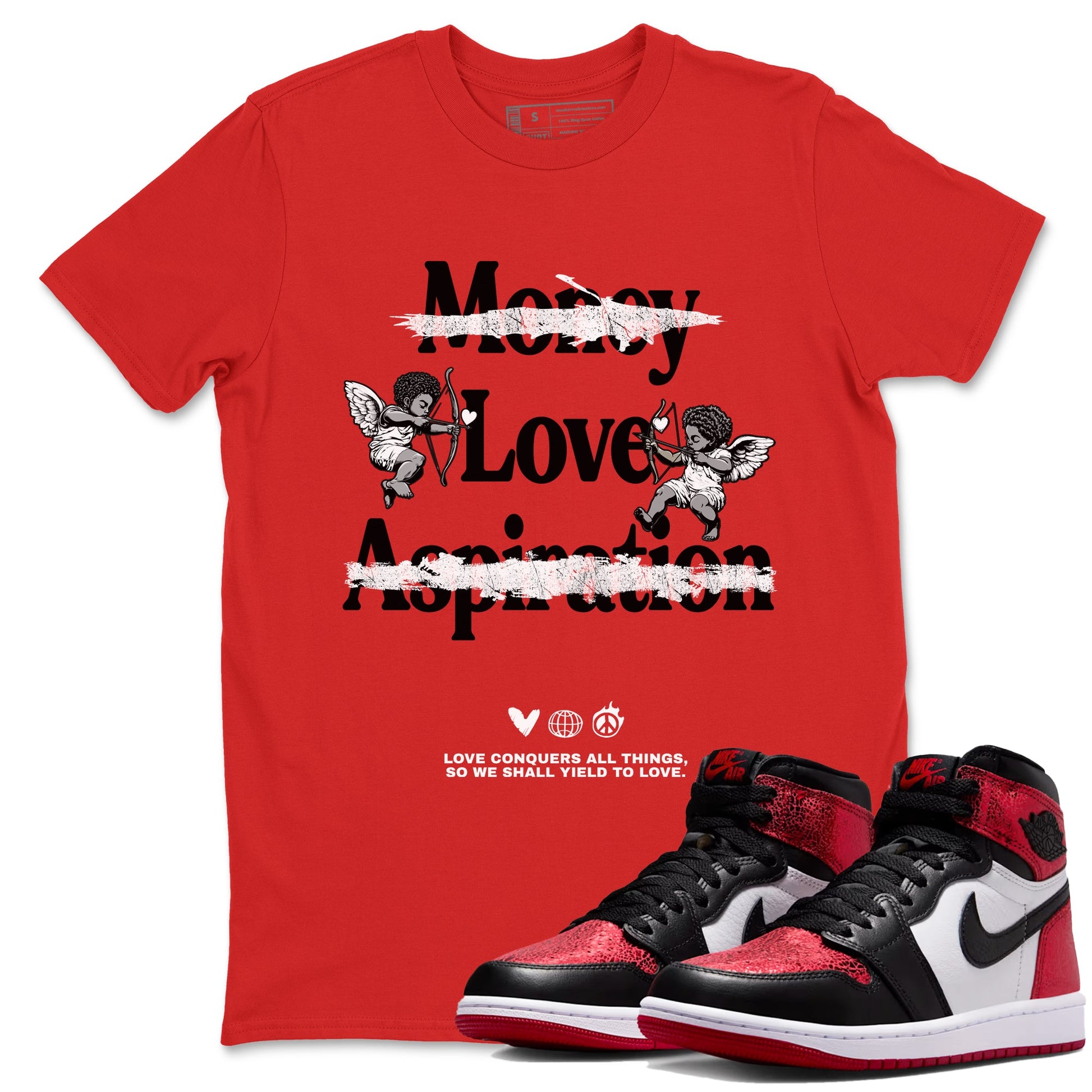 Love Conquers All Things sneaker match t-shirt styled to complete your fit with the Air Jordan 1 Ruby sneakers, shown in Red 1.