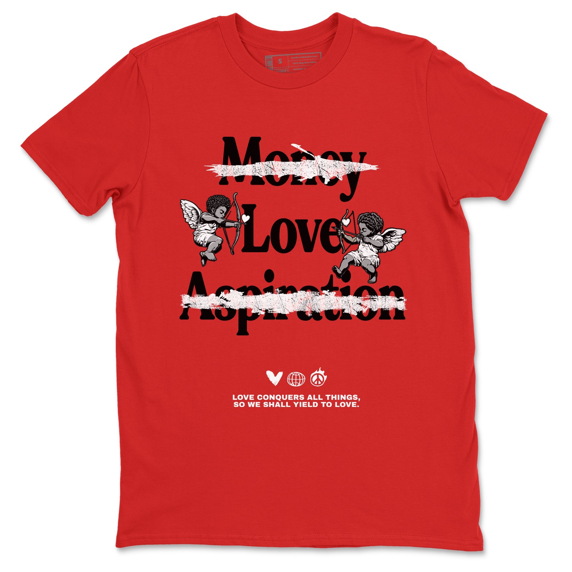 Love Conquers All Things sneaker match t-shirt styled to complete your fit with the Air Jordan 1 Ruby sneakers, shown in Red 2.