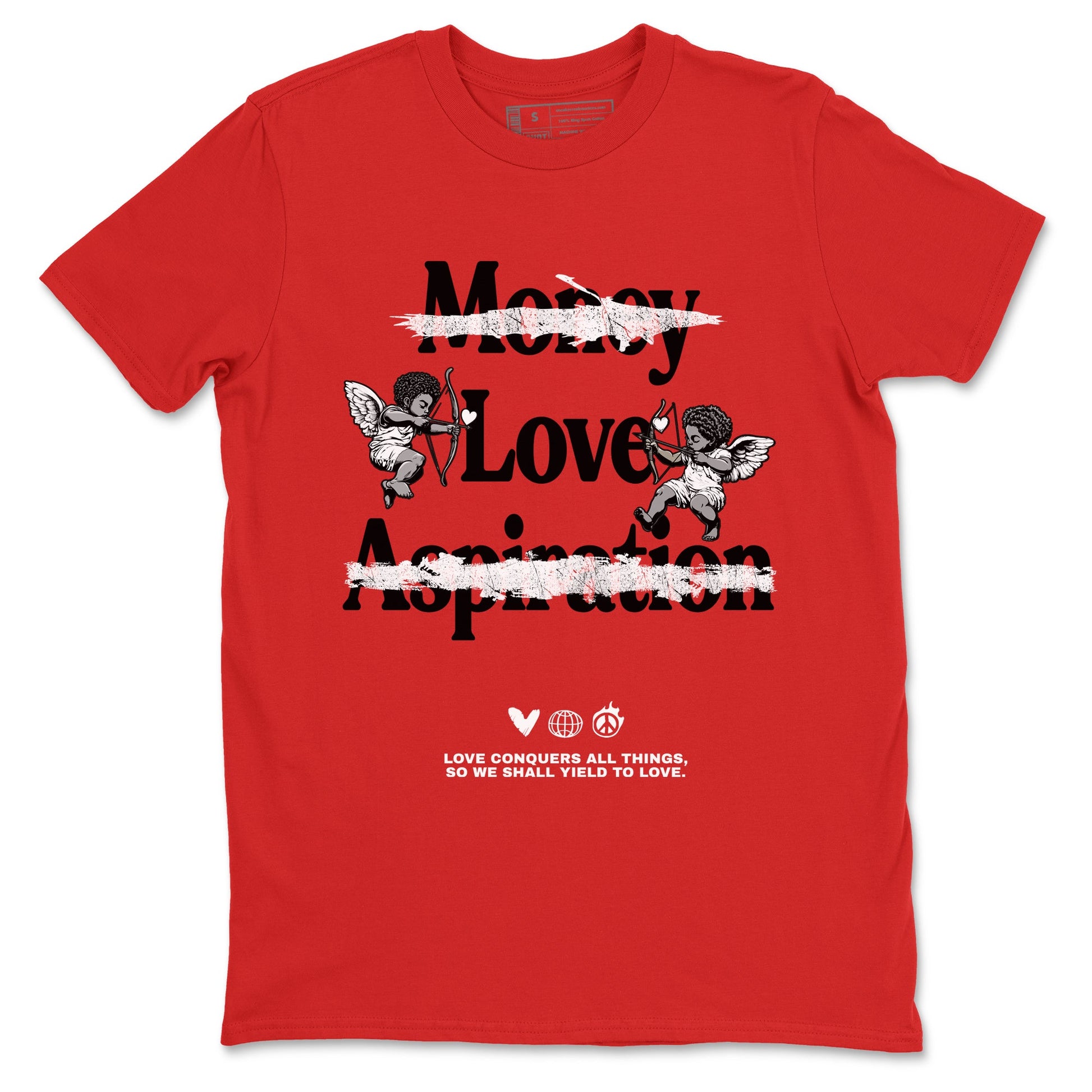 Love Conquers All Things sneaker match t-shirt styled to complete your fit with the Air Jordan 1 Ruby sneakers, shown in Red 2.
