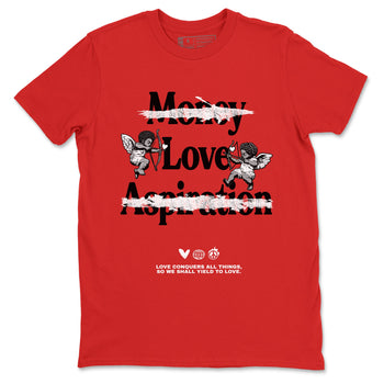 Love Conquers All Things sneaker match t-shirt styled to complete your fit with the Air Jordan 1 Ruby sneakers, shown in Red 2.