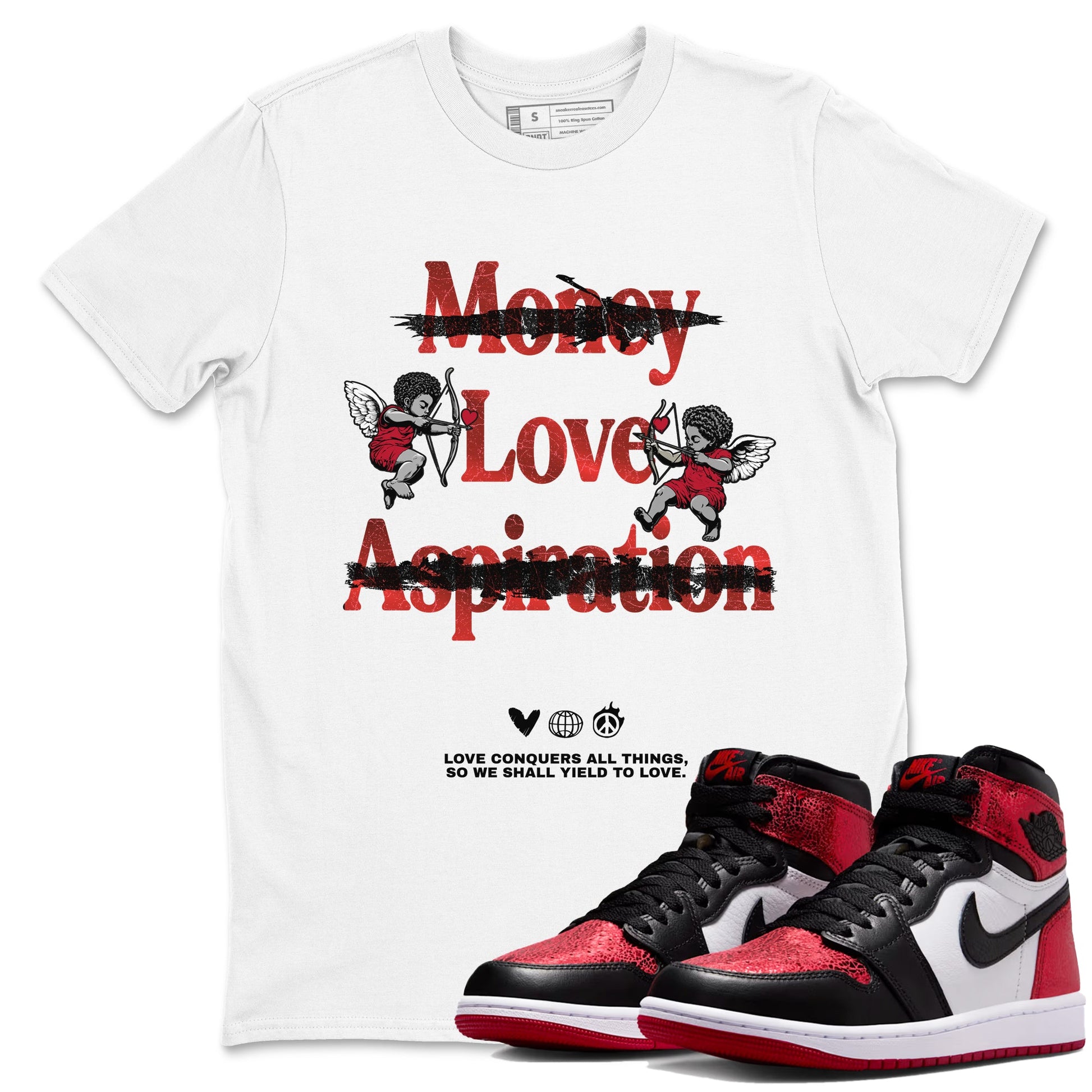 Love Conquers All Things sneaker match t-shirt styled to complete your fit with the Air Jordan 1 Ruby sneakers, shown in White 1.