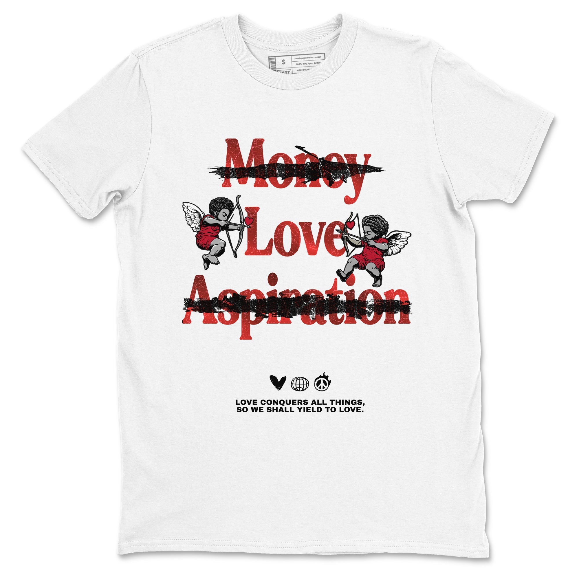 Love Conquers All Things sneaker match t-shirt styled to complete your fit with the Air Jordan 1 Ruby sneakers, shown in White 2.