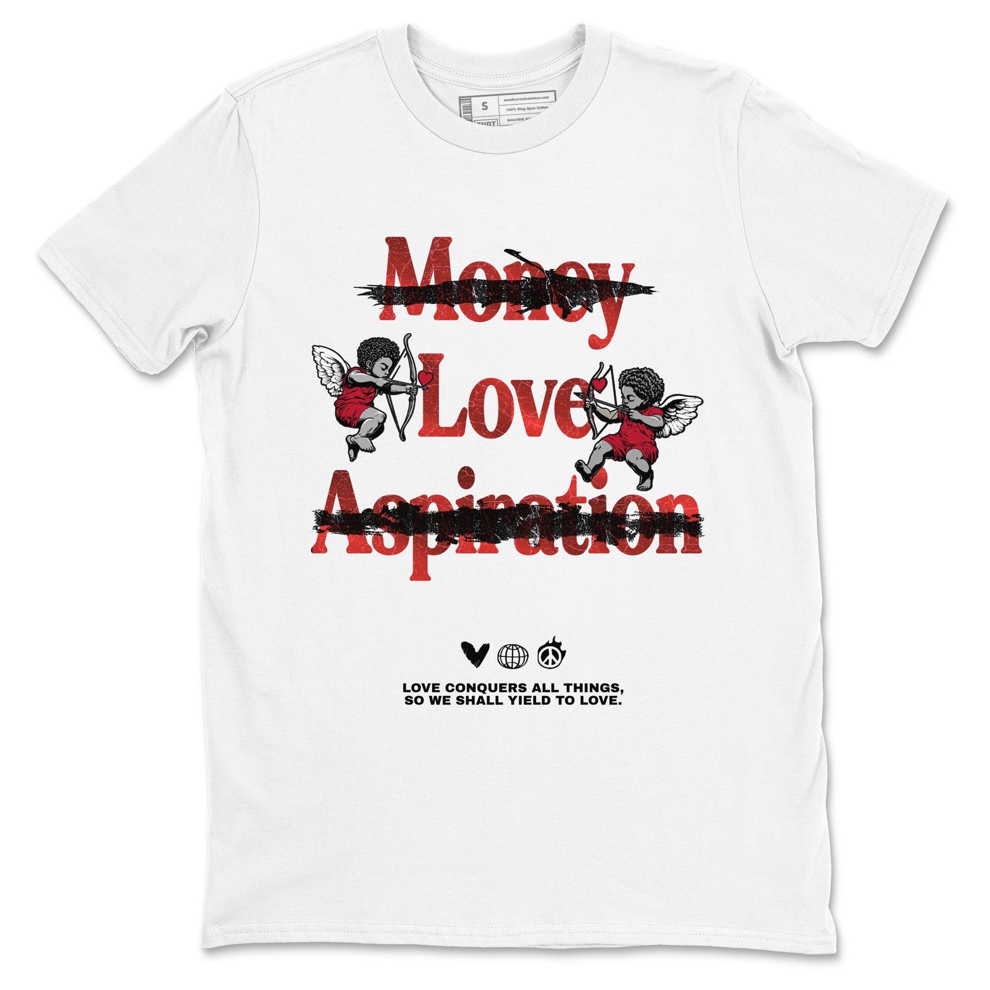 Love Conquers All Things sneaker match t-shirt styled to complete your fit with the Air Jordan 1 Ruby sneakers, shown in White 2.
