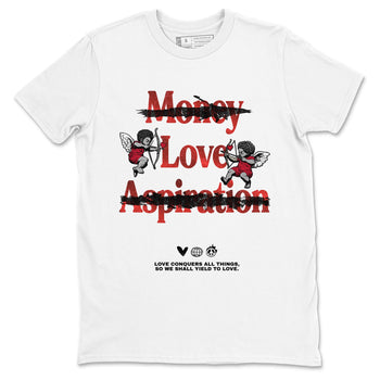 Love Conquers All Things sneaker match t-shirt styled to complete your fit with the Air Jordan 1 Ruby sneakers, shown in White 2.