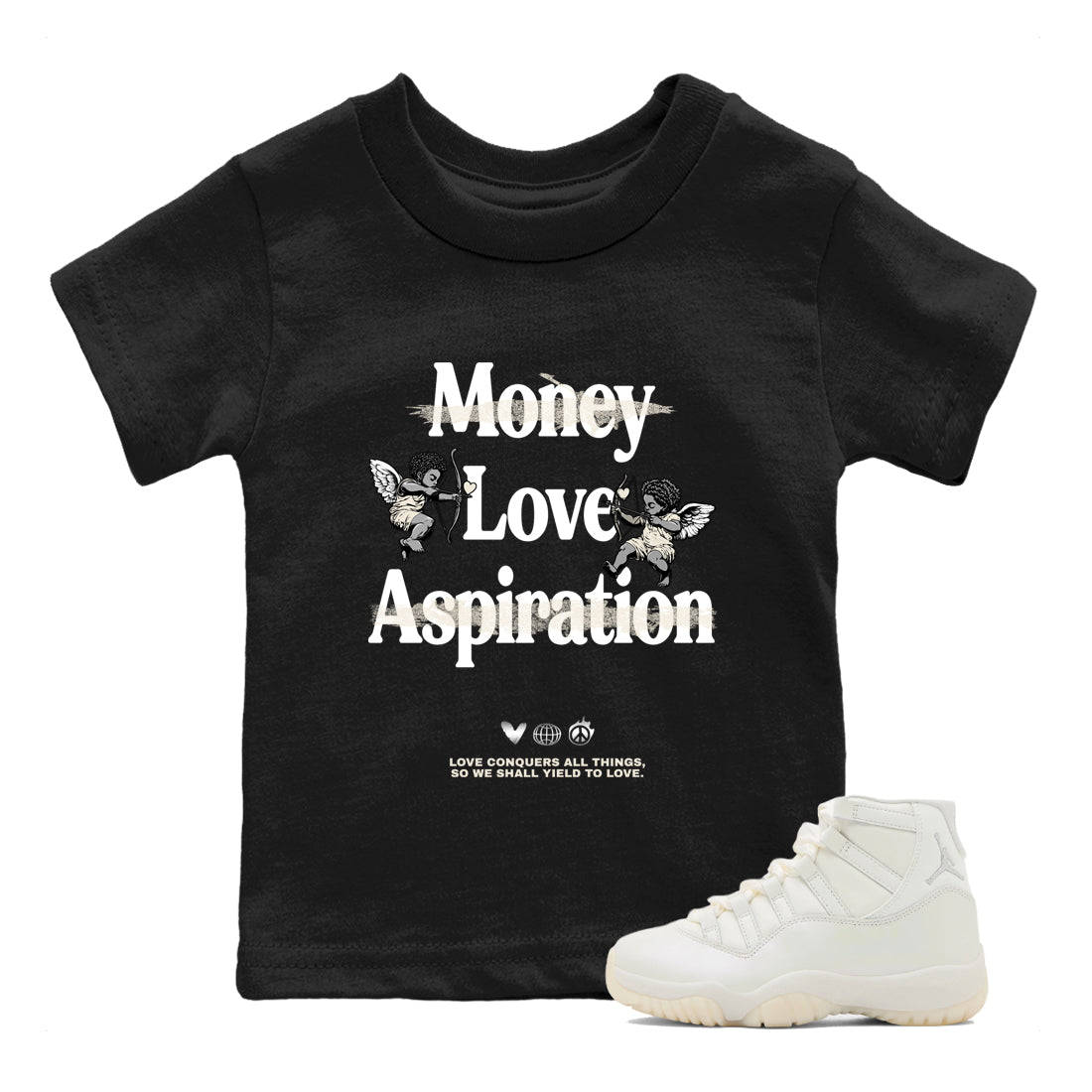 11s Pearl Sneaker match tees – Sneaker Tees To Match Jordan 11 Pearl Sneakers – Love Conquers All Things Kids Graphic T-Shirt Black 1