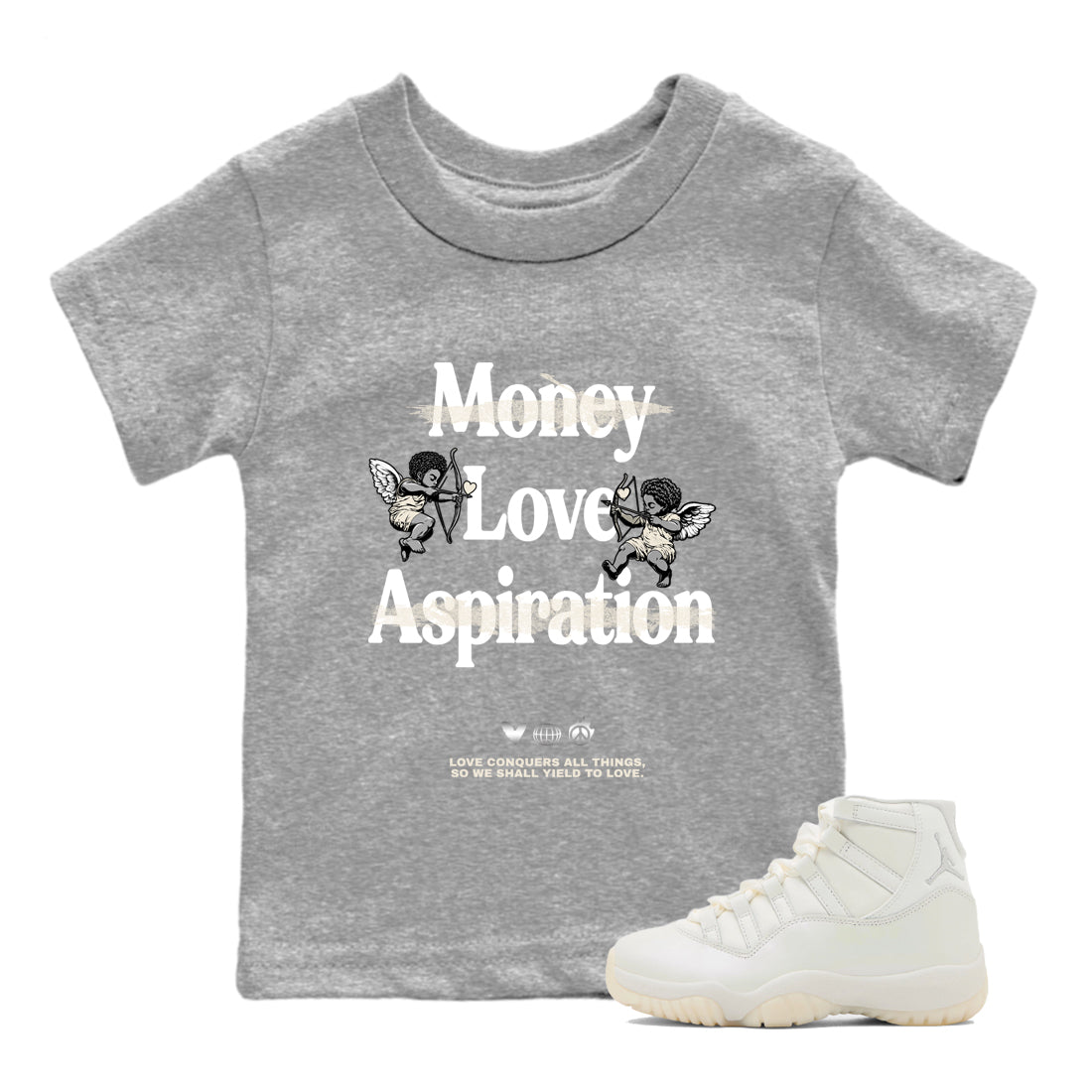 11s Pearl Sneaker match tees – Sneaker Tees To Match Jordan 11 Pearl Sneakers – Love Conquers All Things Kids Graphic T-Shirt Heather Grey 1