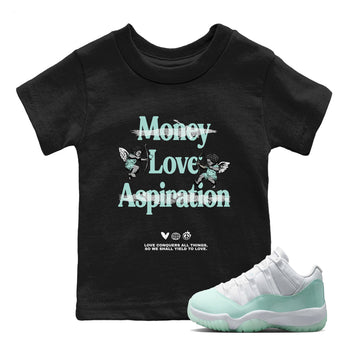 Love Conquers All Things baby and kids t-shirt crafted for little sneakerheads to shine with the Air Jordan 11 Igloo sneakers, displayed in Black 1.