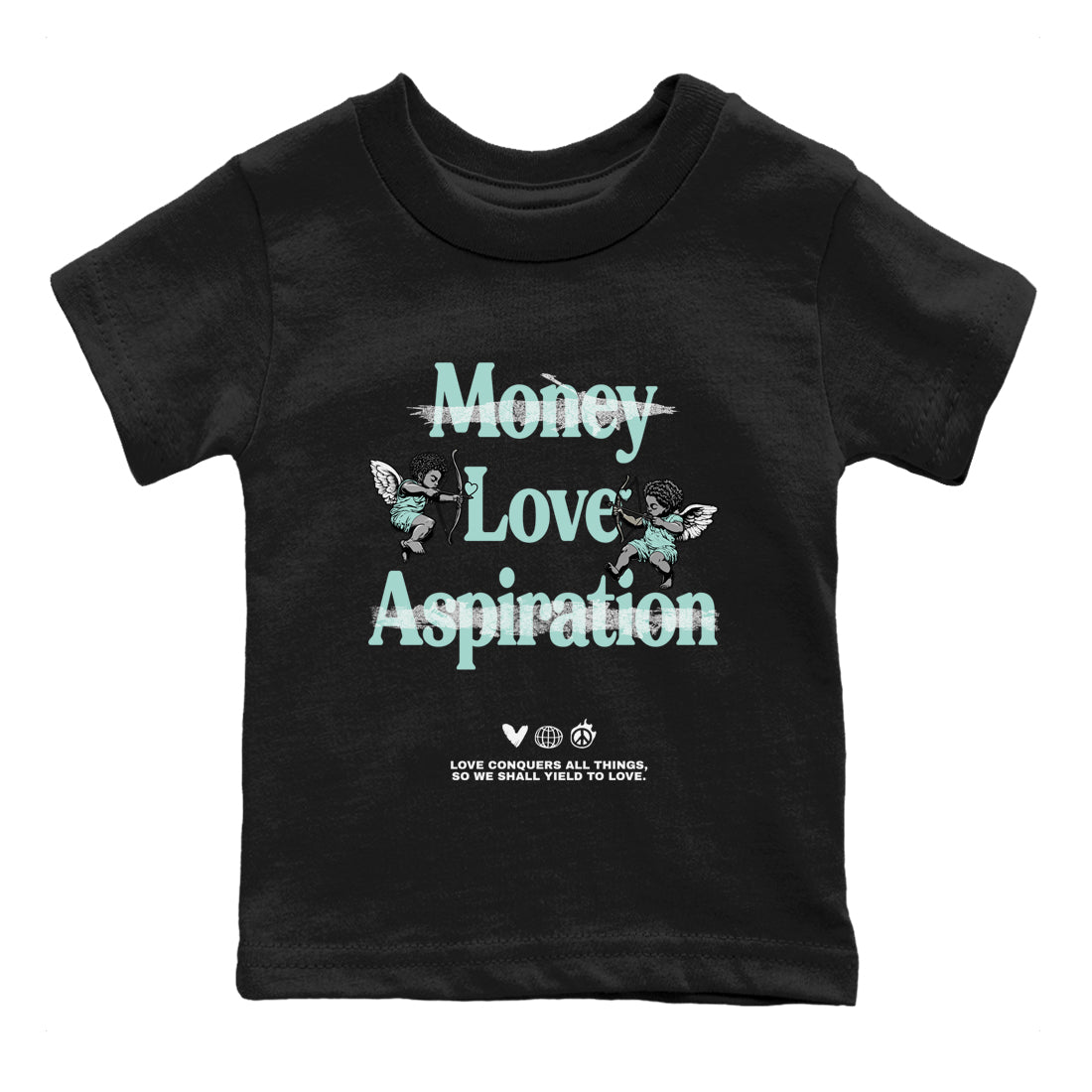 Love Conquers All Things baby and kids t-shirt crafted for little sneakerheads to shine with the Air Jordan 11 Igloo sneakers, displayed in Black 2.