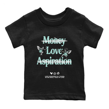 Love Conquers All Things baby and kids t-shirt crafted for little sneakerheads to shine with the Air Jordan 11 Igloo sneakers, displayed in Black 2.