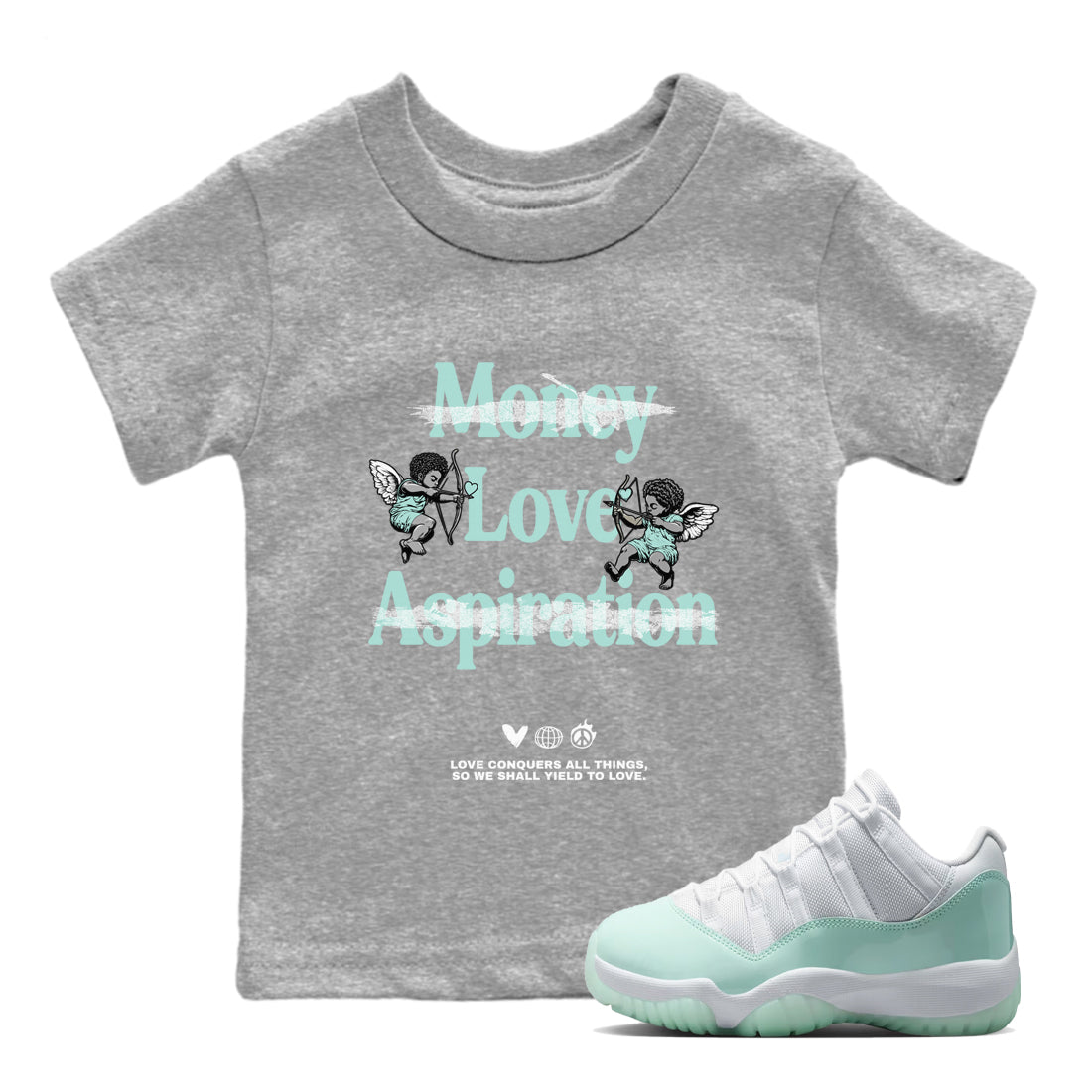 Love Conquers All Things baby and kids t-shirt crafted for little sneakerheads to shine with the Air Jordan 11 Igloo sneakers, displayed in Heather Grey 1.
