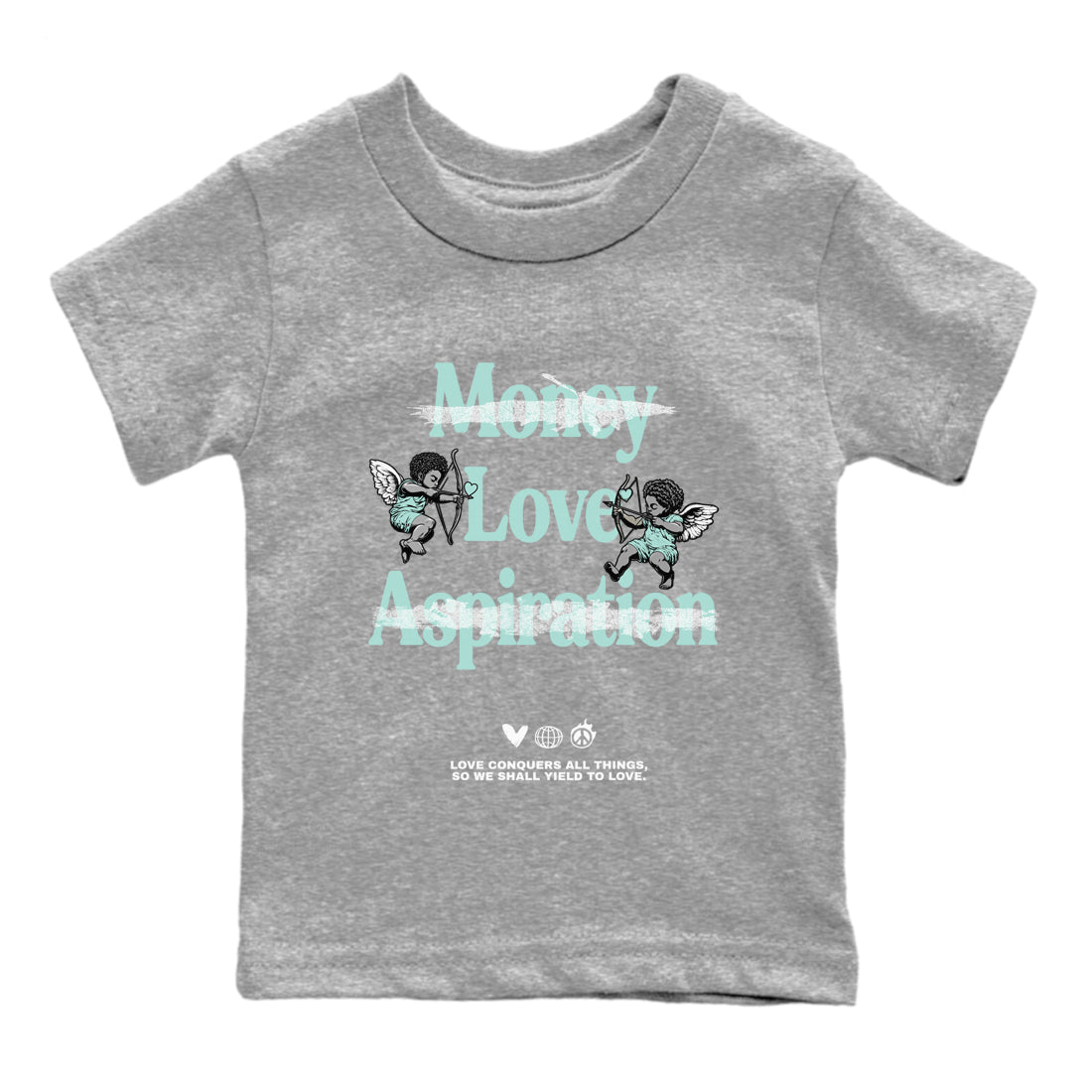 Love Conquers All Things baby and kids t-shirt crafted for little sneakerheads to shine with the Air Jordan 11 Igloo sneakers, displayed in Heather Grey 2.