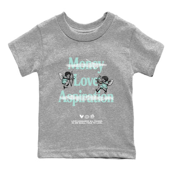 Love Conquers All Things baby and kids t-shirt crafted for little sneakerheads to shine with the Air Jordan 11 Igloo sneakers, displayed in Heather Grey 2.