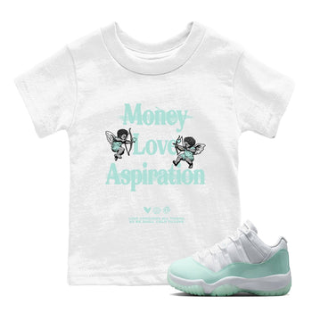 Love Conquers All Things baby and kids t-shirt crafted for little sneakerheads to shine with the Air Jordan 11 Igloo sneakers, displayed in White 1.