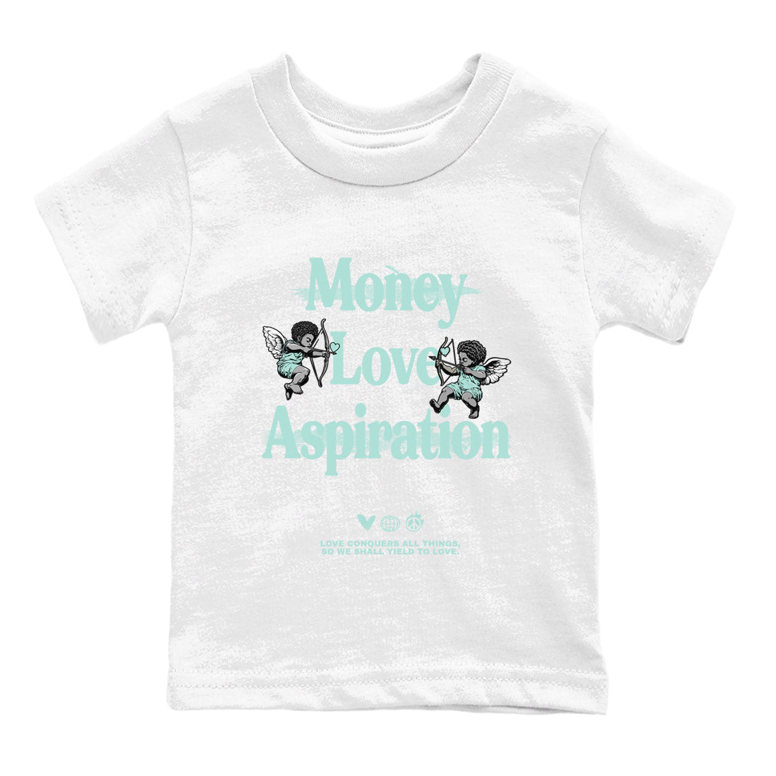 Love Conquers All Things baby and kids t-shirt crafted for little sneakerheads to shine with the Air Jordan 11 Igloo sneakers, displayed in White 2.