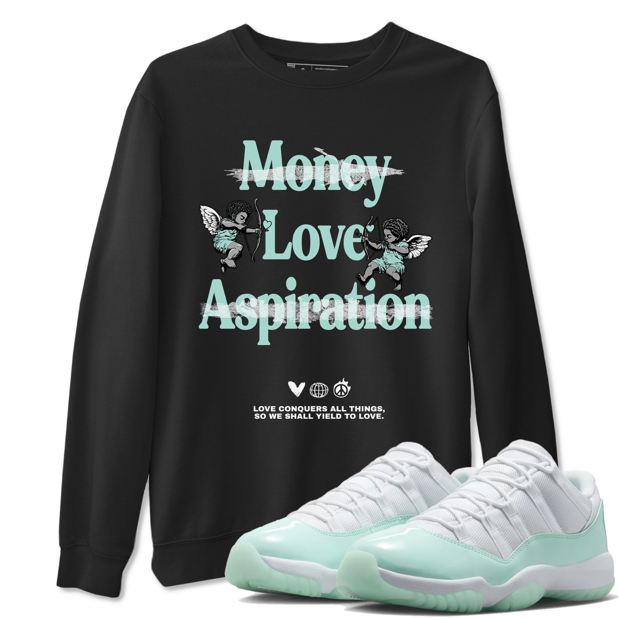 Love Conquers All Things sneaker match t-shirt styled to complete your fit with the Air Jordan 11 Igloo sneakers, shown in Black 1.