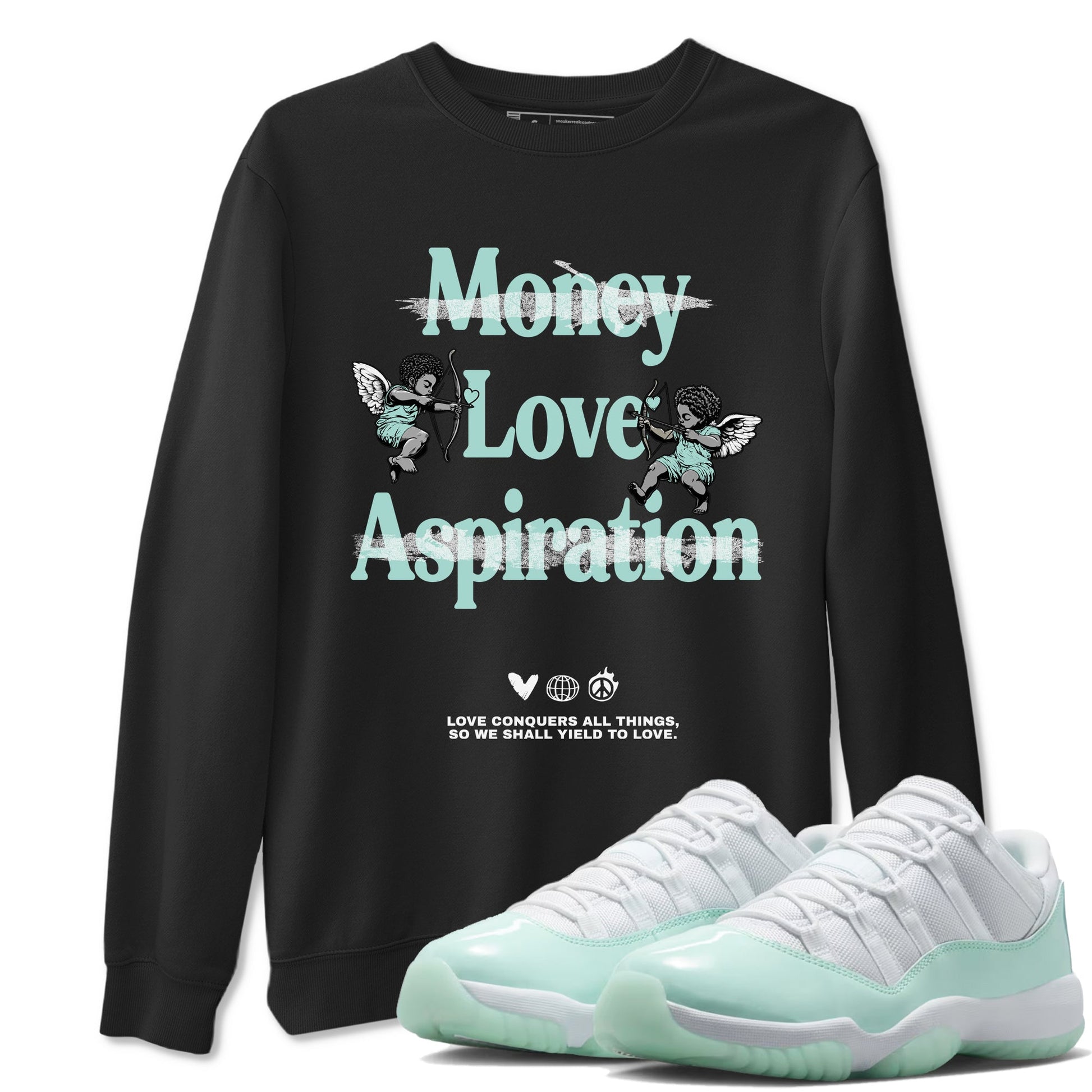 Love Conquers All Things sneaker match t-shirt styled to complete your fit with the Air Jordan 11 Igloo sneakers, shown in Black 1.