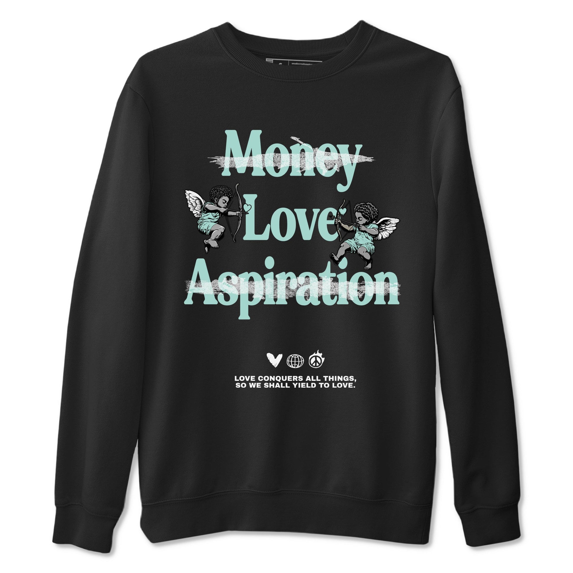 Love Conquers All Things sneaker match t-shirt styled to complete your fit with the Air Jordan 11 Igloo sneakers, shown in Black 2.