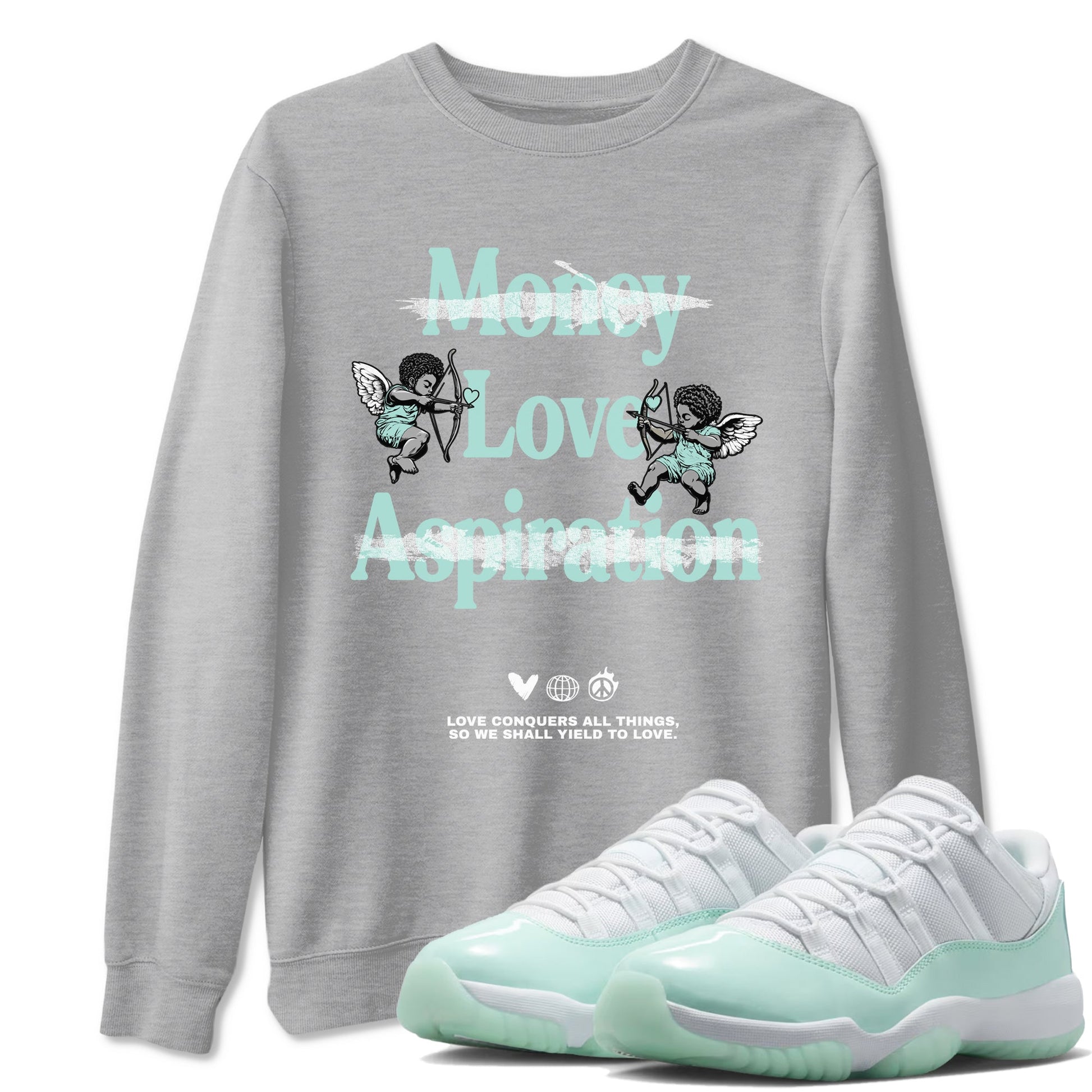 Love Conquers All Things sneaker match t-shirt styled to complete your fit with the Air Jordan 11 Igloo sneakers, shown in Heather Grey 1.