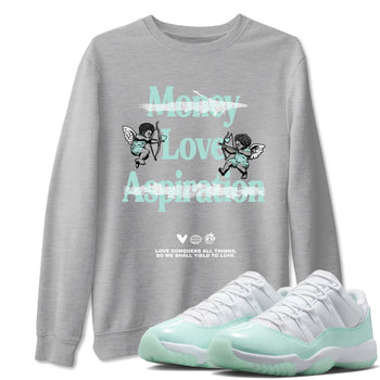 Love Conquers All Things sneaker match t-shirt styled to complete your fit with the Air Jordan 11 Igloo sneakers, shown in Heather Grey 1.