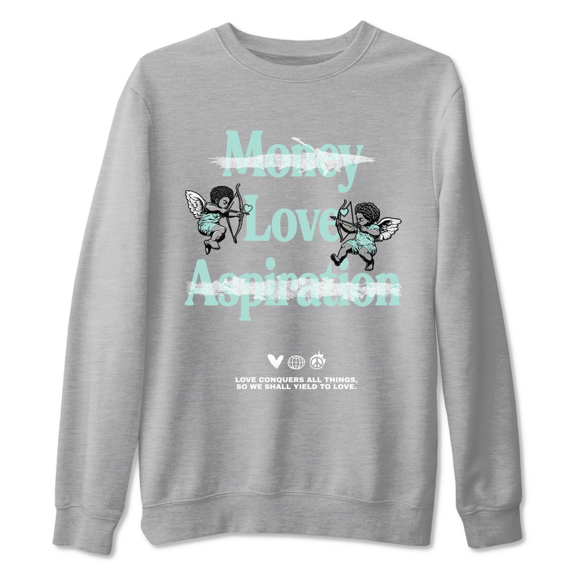 Love Conquers All Things sneaker match t-shirt styled to complete your fit with the Air Jordan 11 Igloo sneakers, shown in Heather Grey 2.